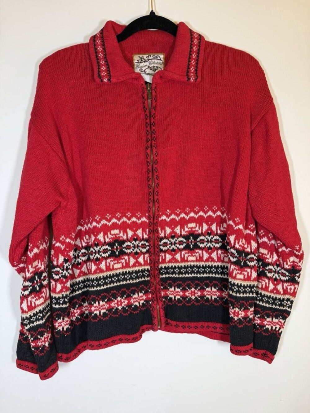 Heirloom Collectibles Vintage Y2K red Nordic fair isle zip cardigan XL cottage